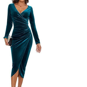 CYiNu V-Neck Wrap Velvet L/S Elegant Bodycon Ruched Maxi Dress, Peacock Blue, SM